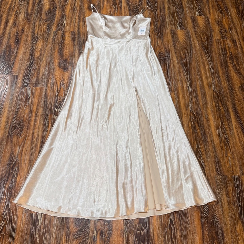 Birdy Grey XL Mai Shiny Dress Women Gold Satin Square Neck High Slit Maxi Gown